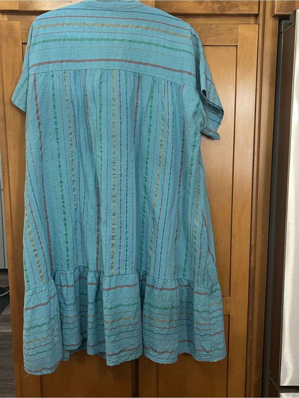 Women's Blue Striped Midi Dress - Casual V-Neck Tunic - Picture 2 of 5